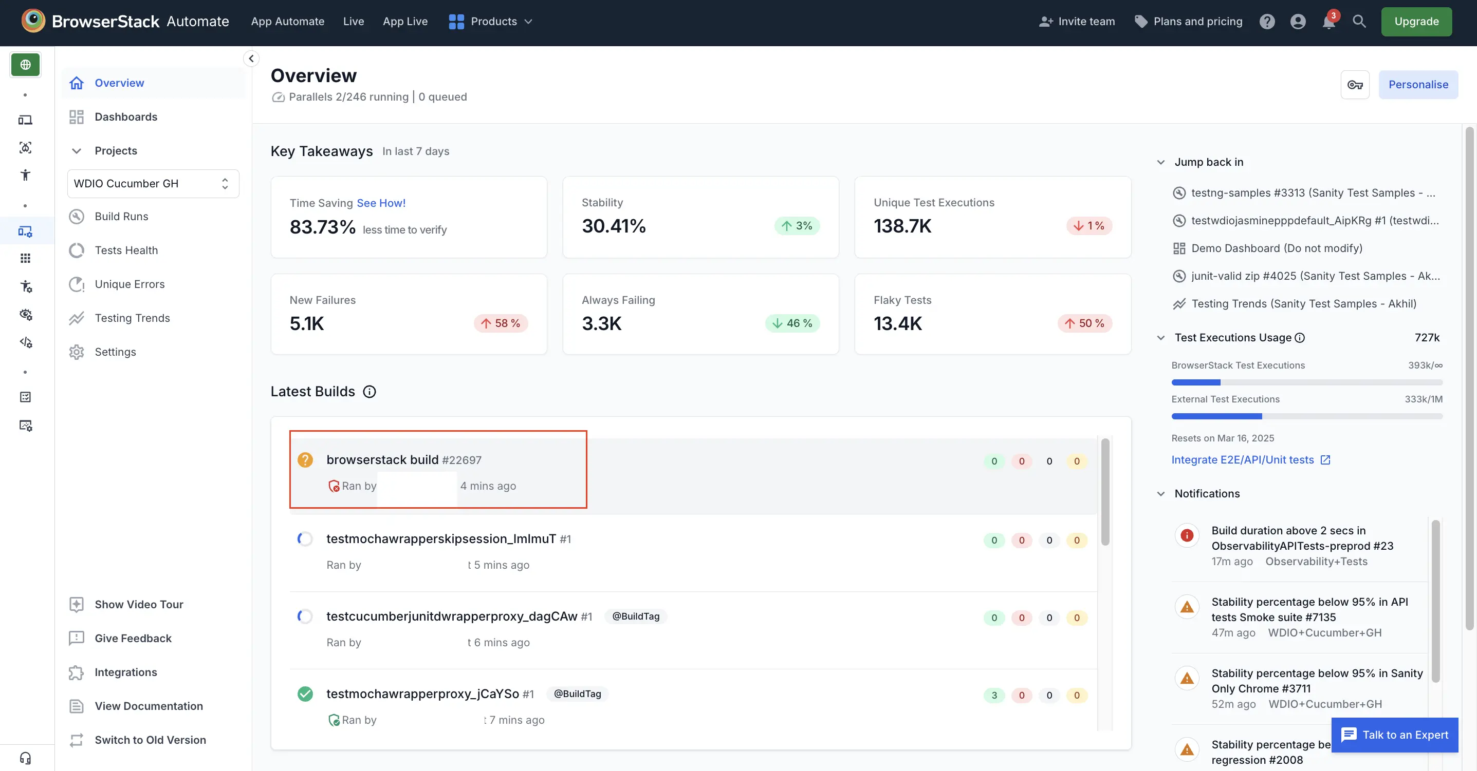 A build under the section Latest Builds is highlighted on the Overview page