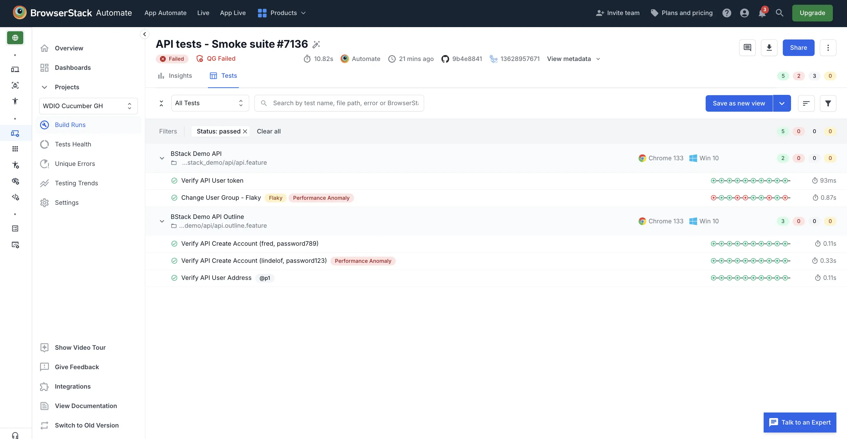 A list of passed tests displayed on a dashboard with further metadata and other metrics
