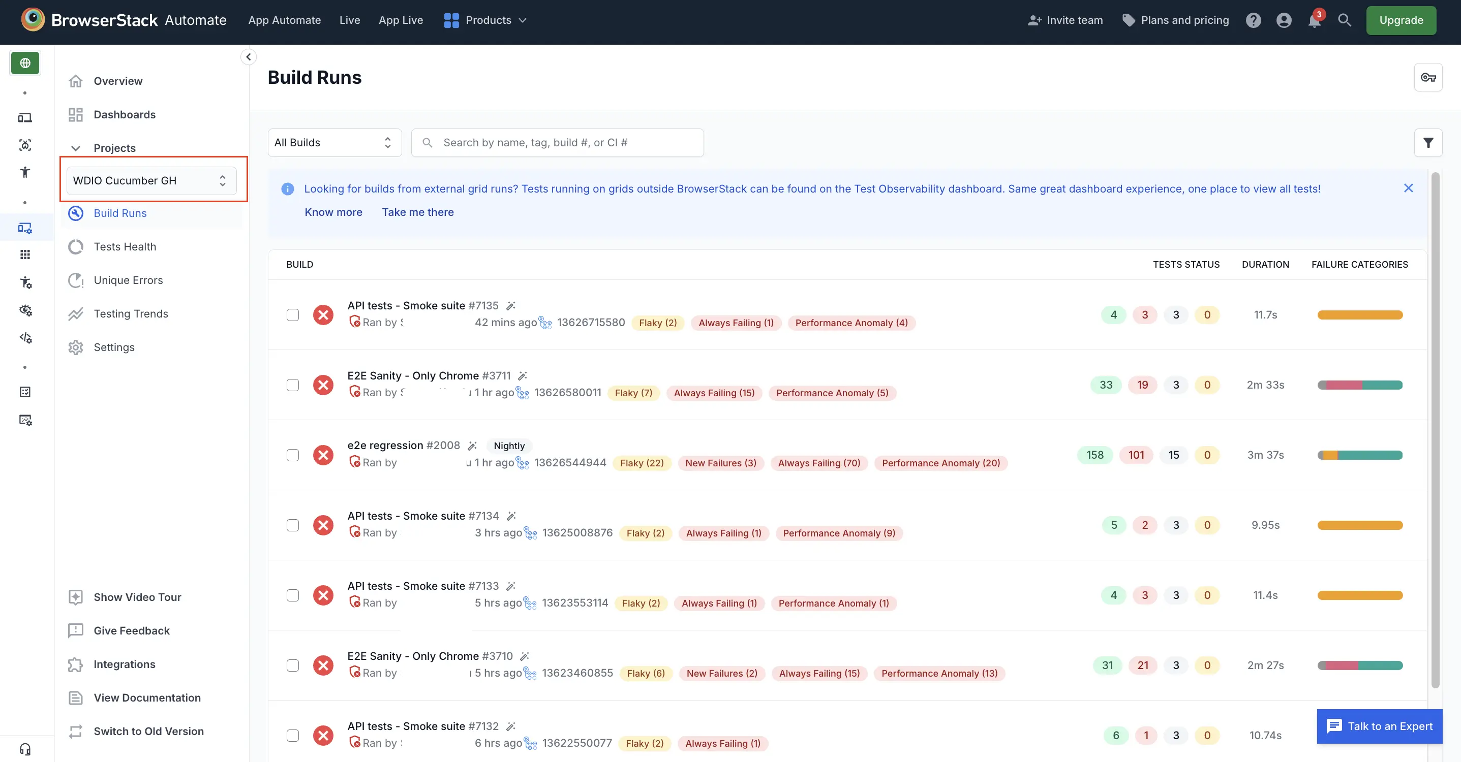 The project name is highlighted on a build runs page