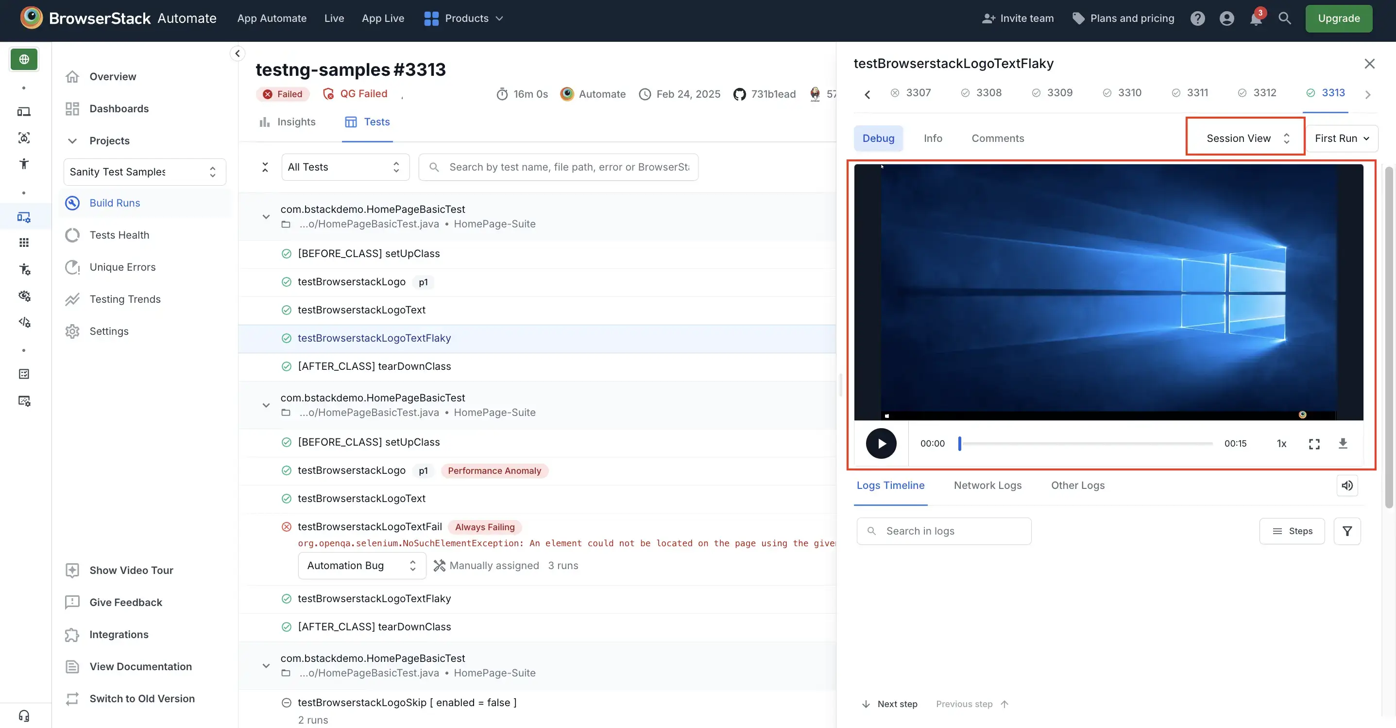 A drop down with Session view is highlighted along with a video recording