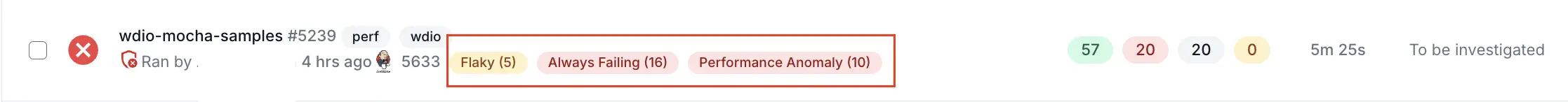 Three tags, namely flaky, performance anomaly and Always failing tag against a build name