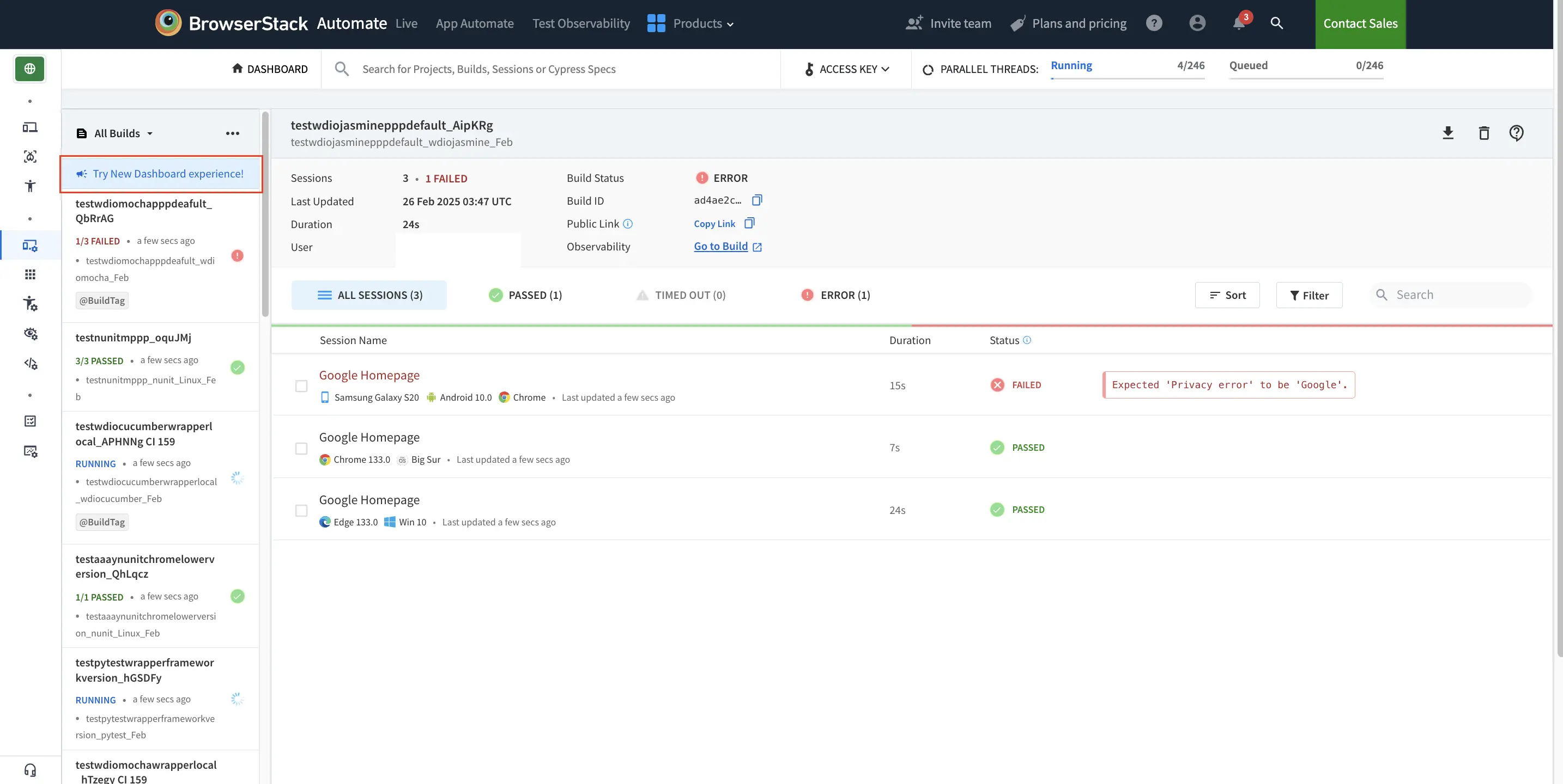 A button named Try New Dashboard experience! highlighted in red