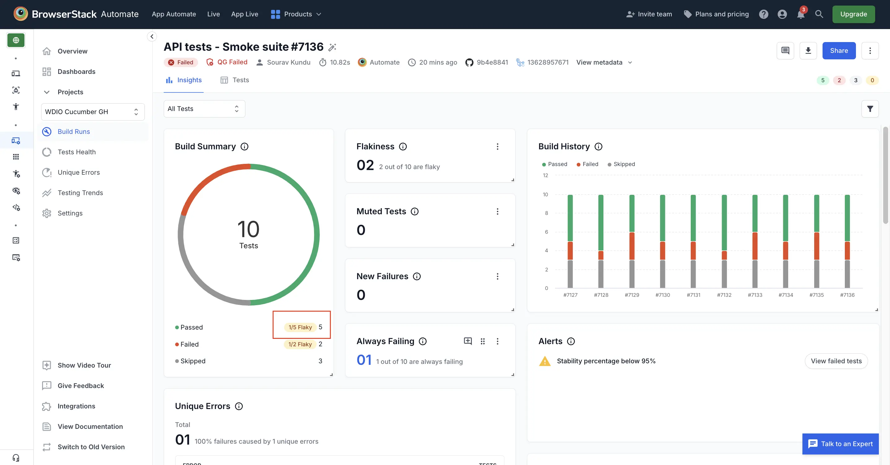 Total number of passed tests is highlighted on the Build Runs page