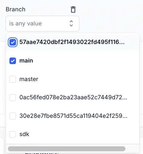 An expanded drop down for branch filter