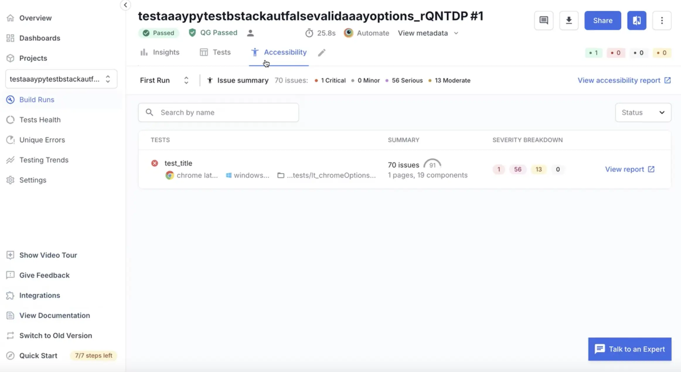 Accessibility tab in build runs insights