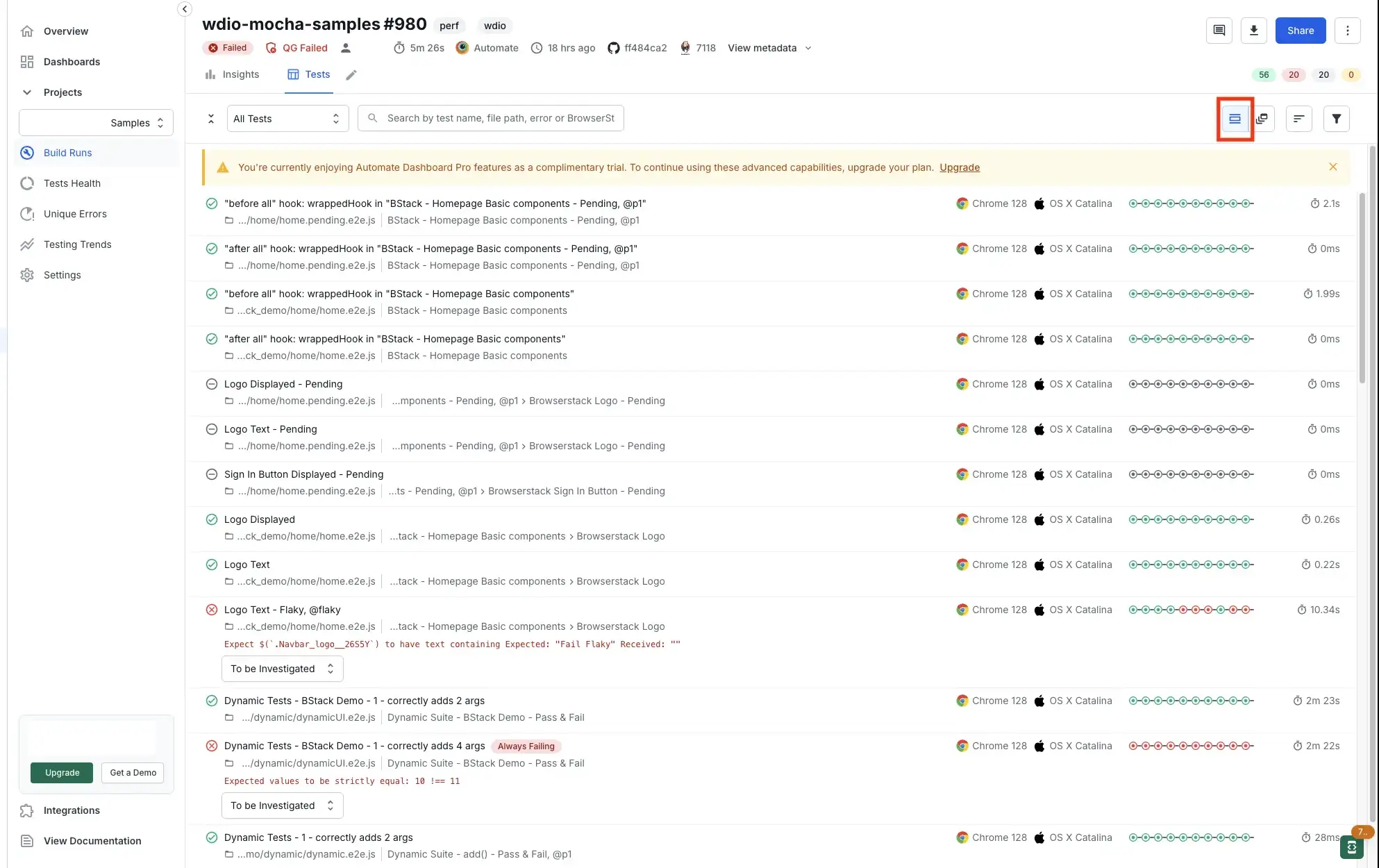An icon for flat view highlighted. A number of tests listed one after another