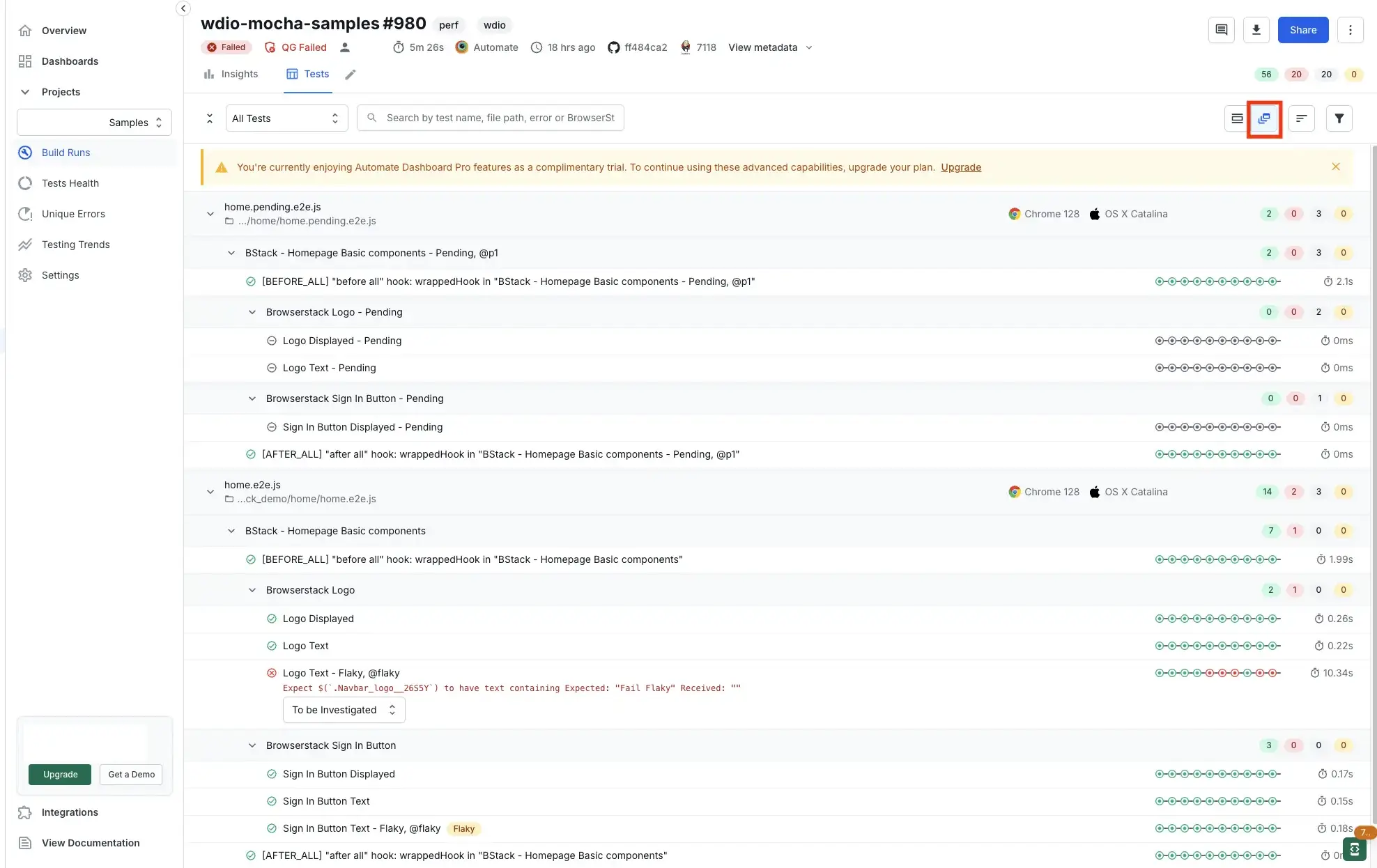 An icon for hierarchical view highlighted. A number of tests listed in a hierarchical order