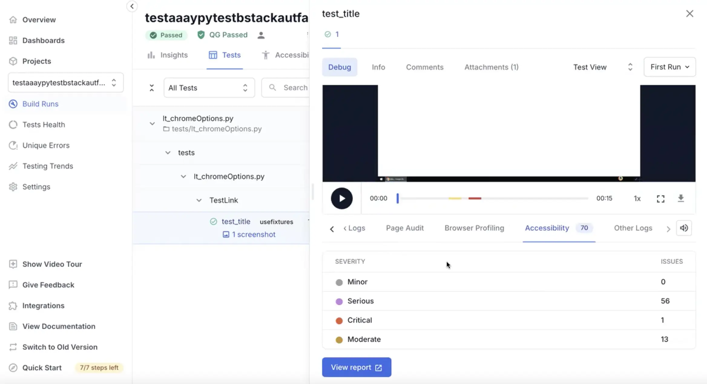 Accessibility tab in test listing