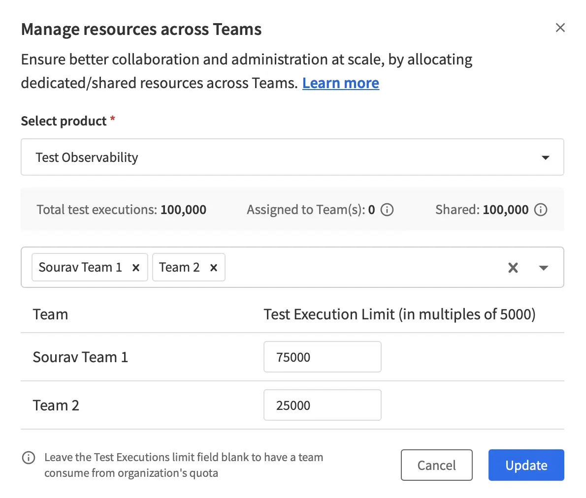 Allocate test executions to Teams